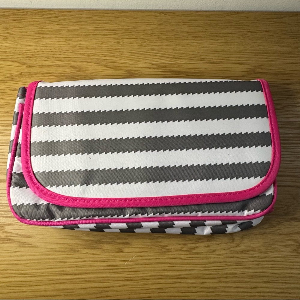 Thirty One Striped Cosmetics Bag Grey with Pink Trim